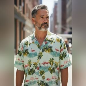 hawaiian Men's Size 3XL Flamingo Palm Trees Button Down Shirt Casual Wear Tropic